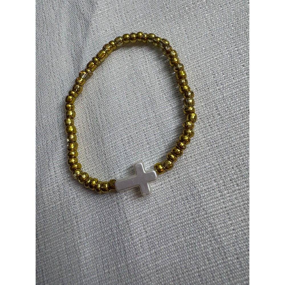Gold Seed Bead Stretch Bracelet with White Cross Charm Religious Jewelry